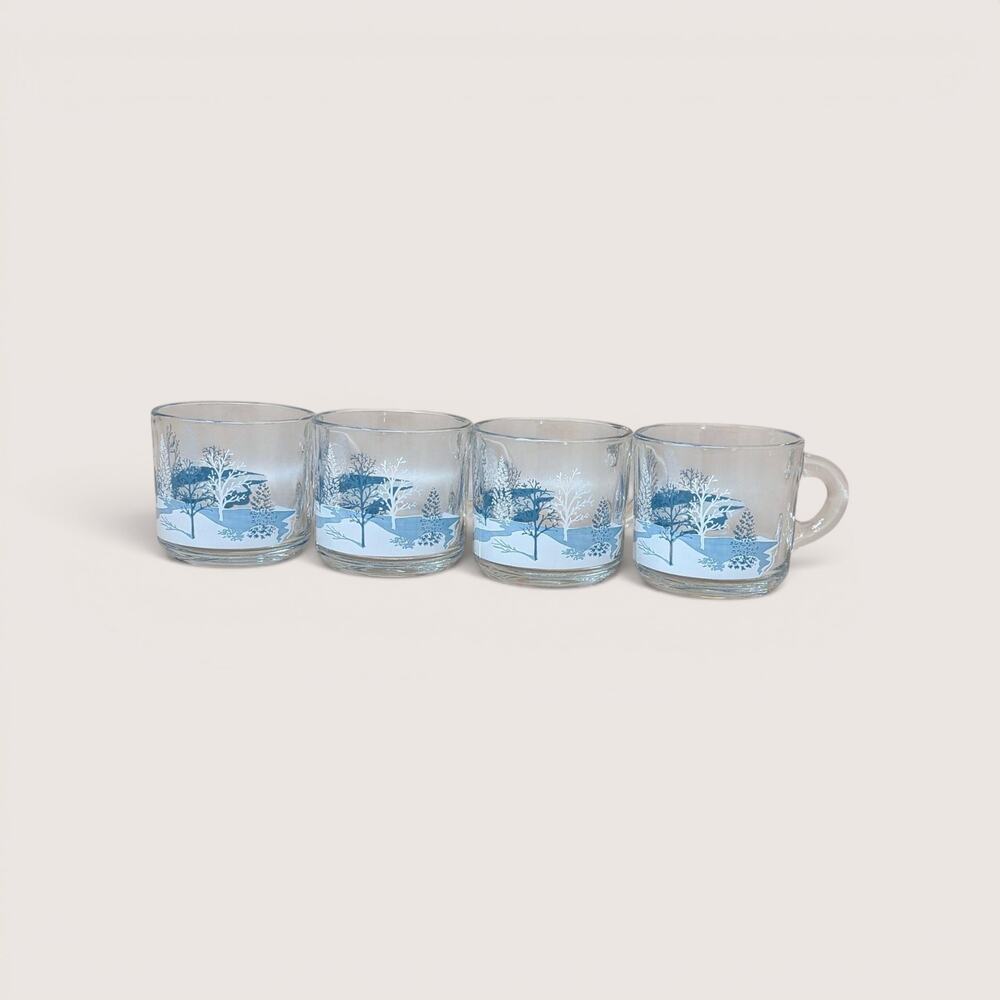 Vintage Anchor Hocking Winter Scene Glass Mugs Set Of 4